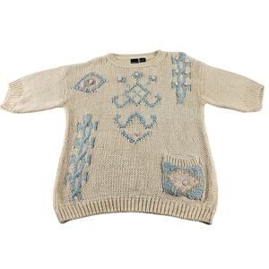 Catalina Vintage Sweater Ladies XL 80s Short Sleeve Crew Neck Abstract Cream